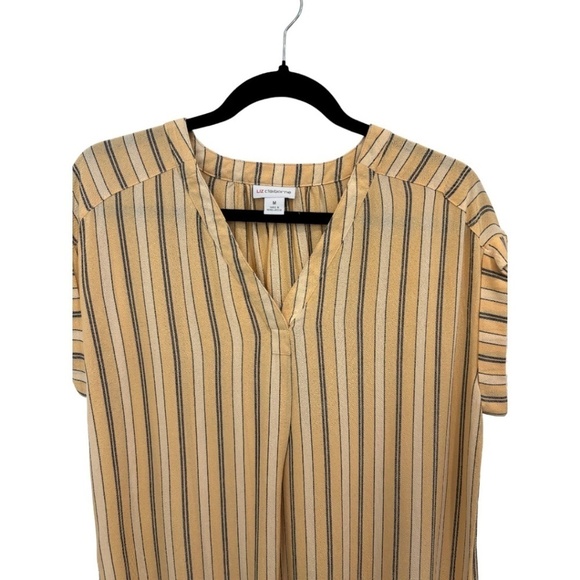 Liz Claiborne Yellow Gray Striped Cap Sleeve V-Neck Rayon Blouse Size Medium NWT - Picture 3 of 5
